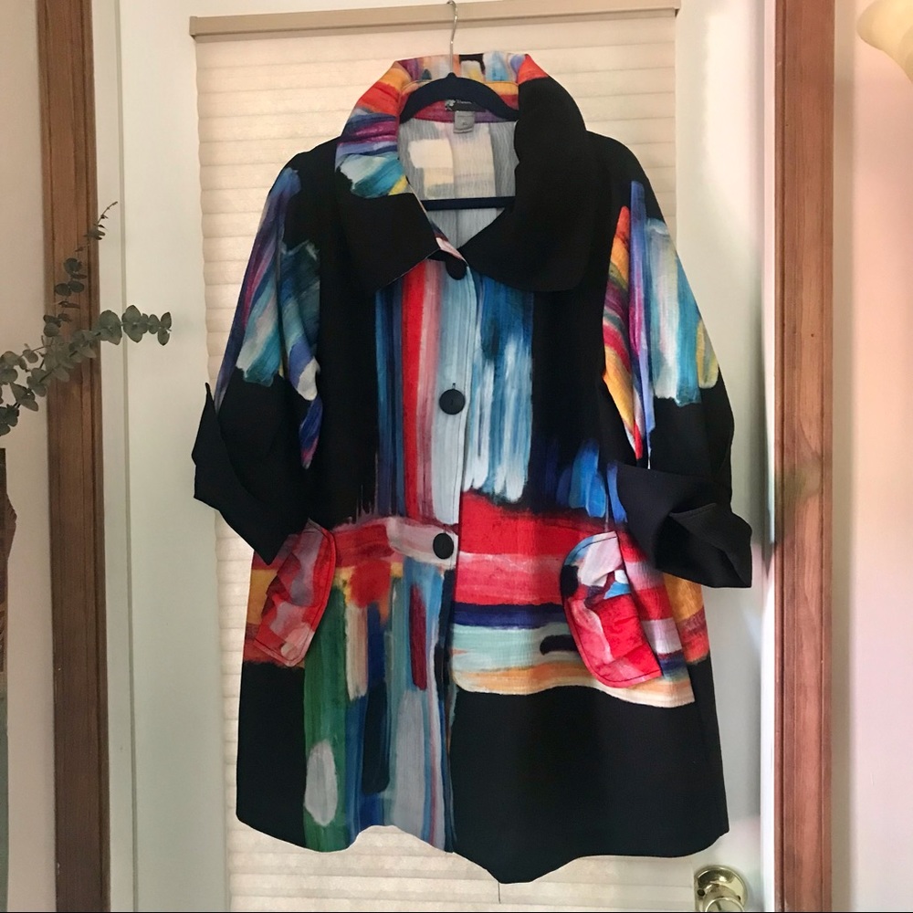 Damee Print Swing Button Jacket Unique Multicolor Abstract Art